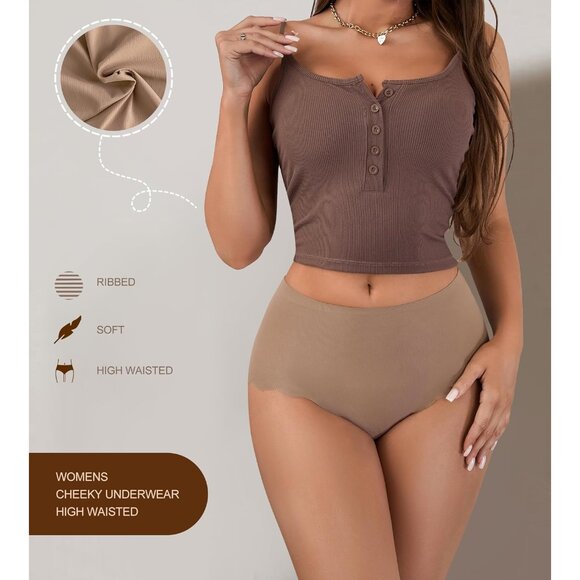 Seamless High Waisted Underwear Women Ribbed Cheeky No Show Bikini Panties - Picture 2 of 5